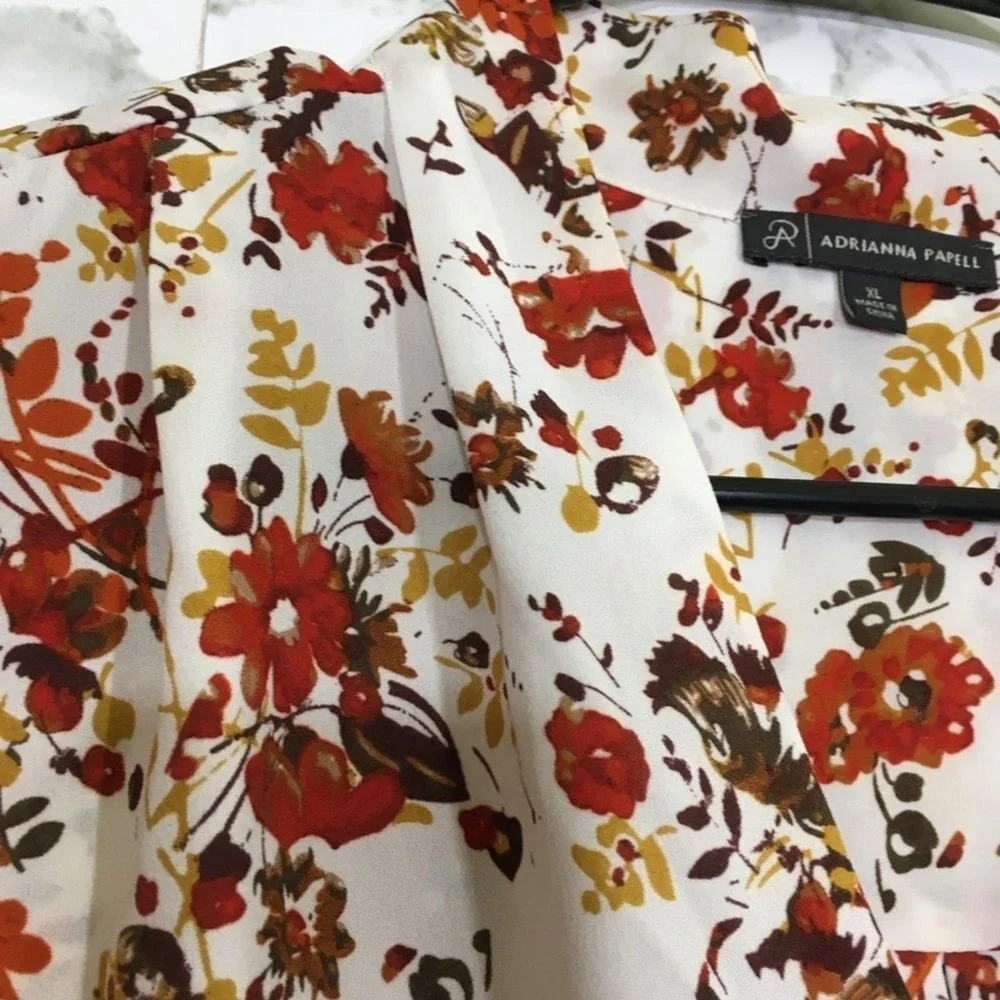 Adrianna Papell Womens XL Floral V-Neck Blouse Long Sleeve Rust Mustard - Picture 3 of 9